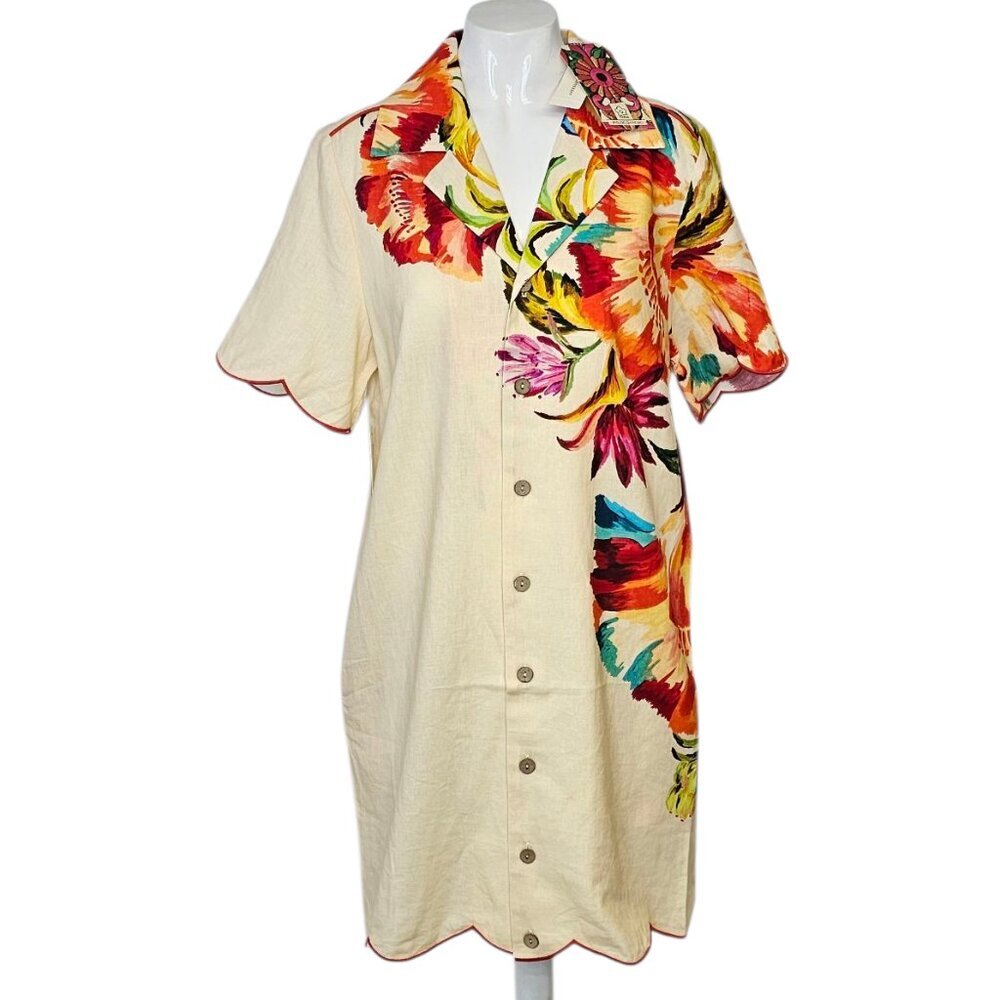 Farm Rio x Anthropologie Scalloped Shirt Dress, Linen Blend, Floral, Resort, M - Picture 1 of 11
